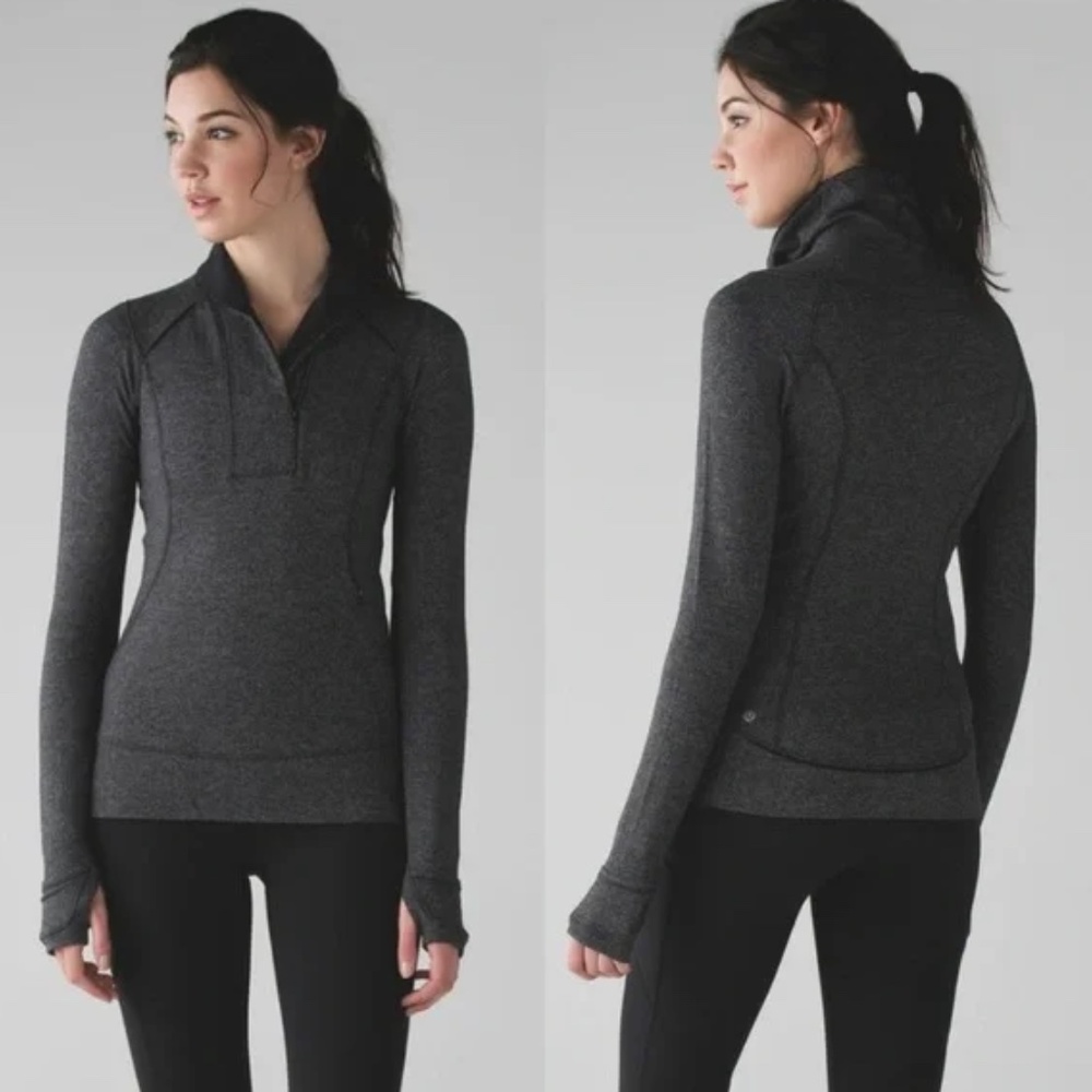 Lululemon Think Fast Pullover Quarter Zip Heather Black Herringbone - Size 0